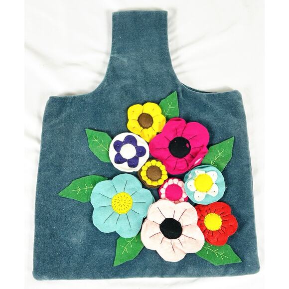 Vintage 70s Boho MCM Handmade Velveteen w/ Embroidered Felt Flowers Tote Bookbag - Picture 1 of 3